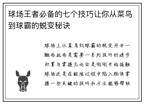 球场王者必备的七个技巧让你从菜鸟到球霸的蜕变秘诀